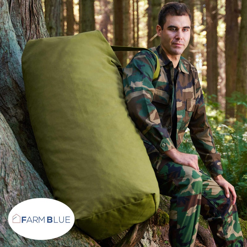 Farm Blue حقيبة دفل زرقاء من المزرعة - كبيرة جداً عسكرية - حقيبة غسيل قماش قطن ثقيل - للرجال والنساء والطلاب - حقيبة معدات تكتيكية تحميل علوي - 30" x 50" (أخضر عسكري-XXL) - Image 1